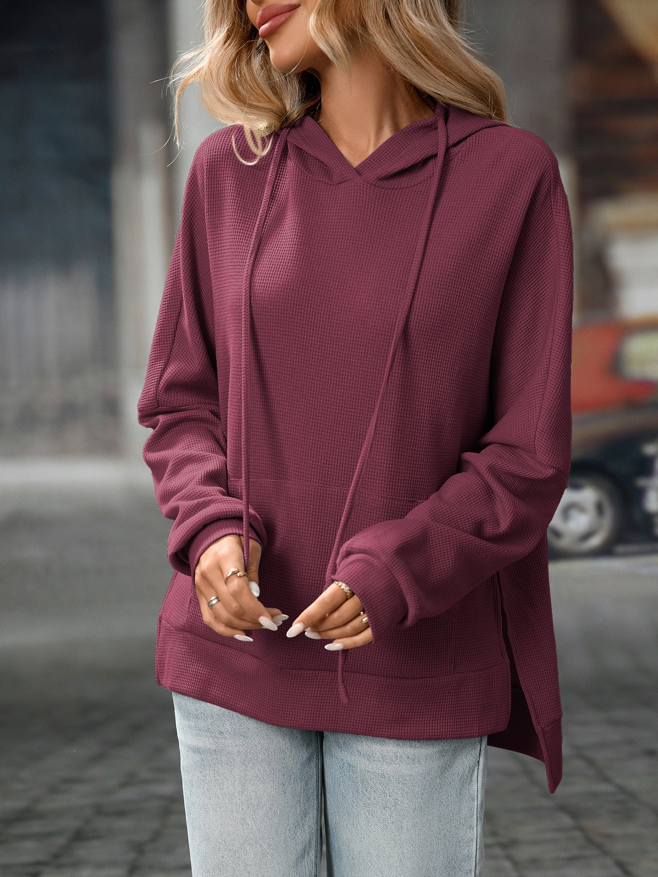 Womens Waffle Knit Hoodie Pullover Casual Pocket Top