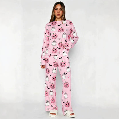 Womens Halloween Pumpkin Pajama Set Long Sleeve