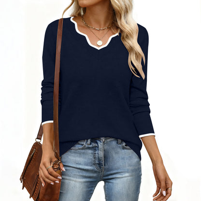 Women's Scalloped V-Neck Contrast Trim Long Sleeve Sweater