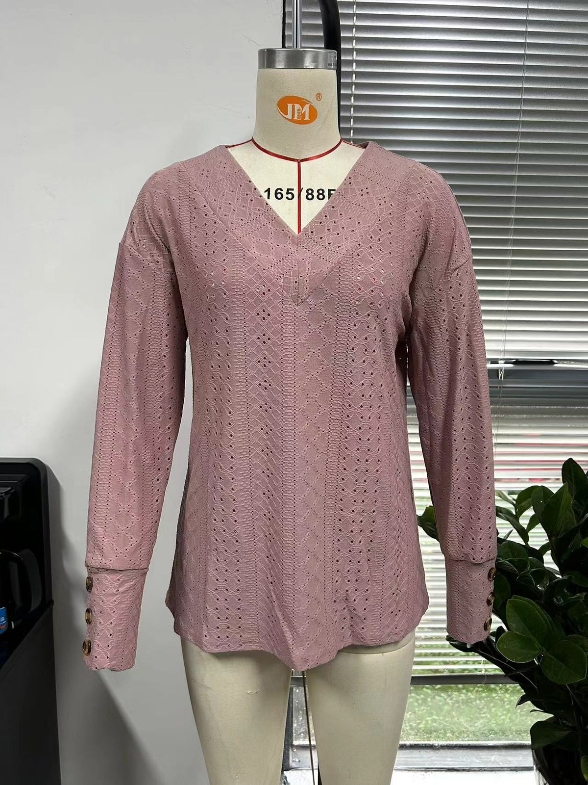 Women's Loose V-Neck Eyelet Long Sleeve Blouse Top