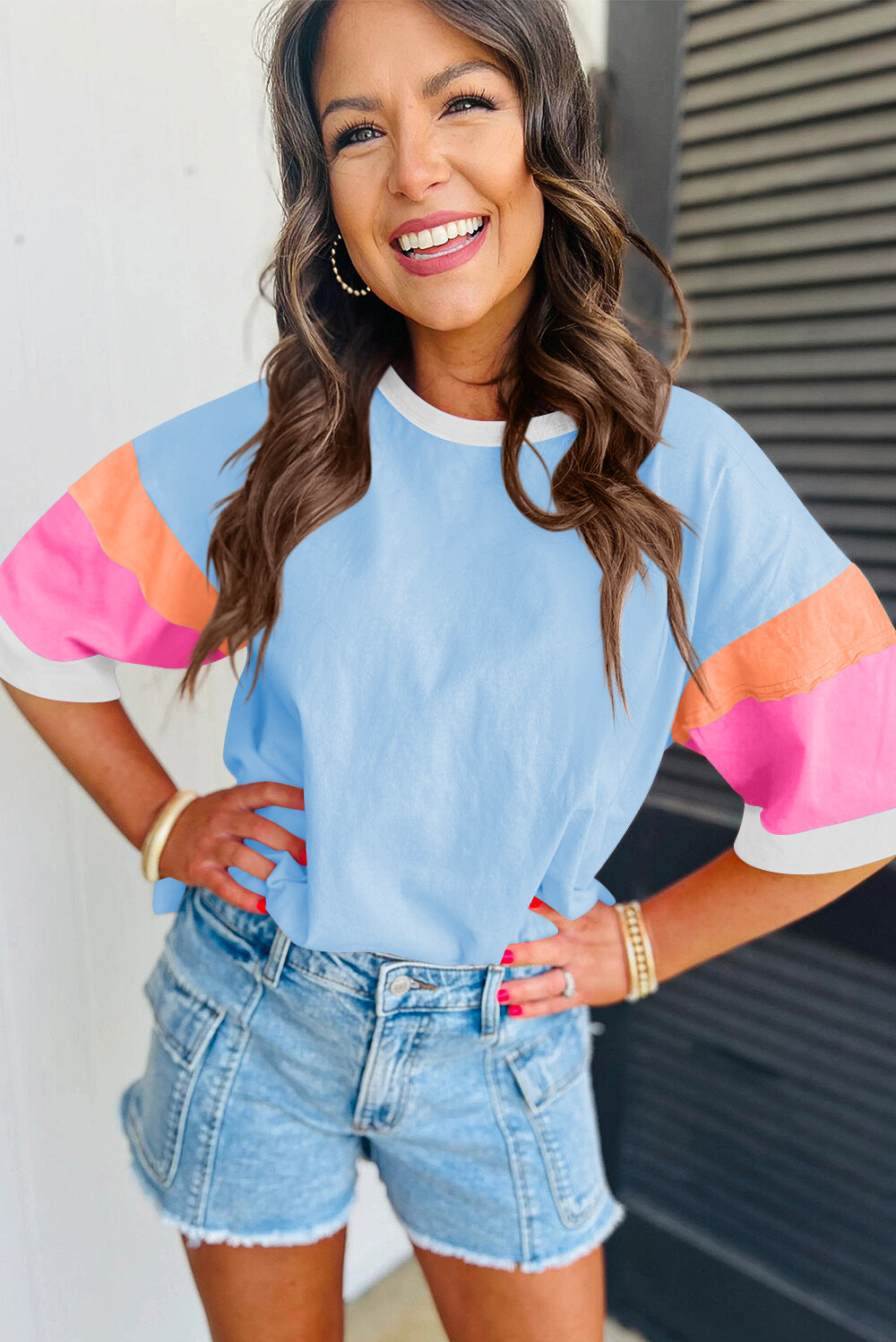 Colorblock Cotton Tee Loose Crew Neck Short Sleeve