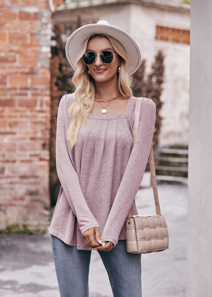 Square Neck Pleated Long Sleeve Top for Women
