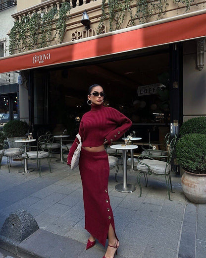 Women's Turtleneck Knit Sweater Maxi Skirt Set
