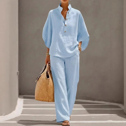 Womens Linen Blend Shirt & Wide Leg Pants Matching Set