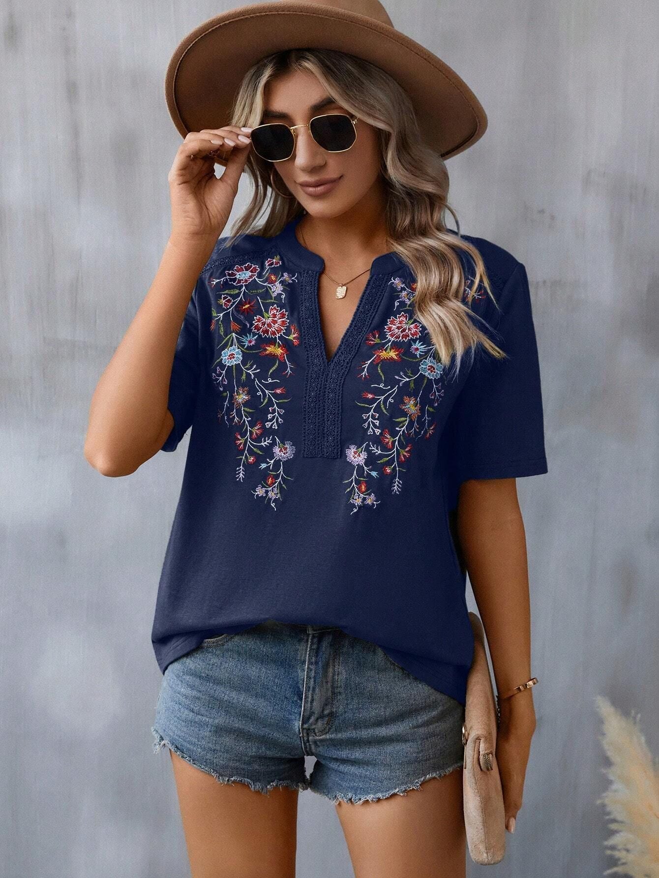 Women’s Navy Floral Embroidered V Neck Summer Top