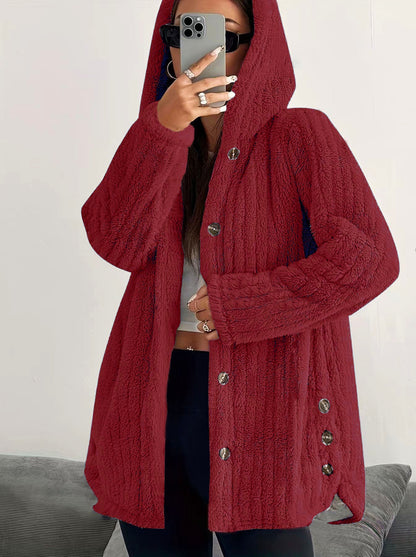 Hooded Sherpa Fleece Jacket with Button Closure