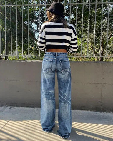 Women's Vintage Washed High Waist Wide Leg Denim Jeans