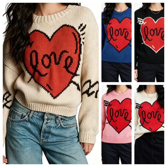 Women's Love Heart Crew Neck Knit Sweater Long Sleeve