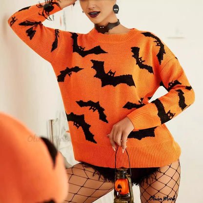 Women's Halloween Bat Crewneck Knit Sweater Pullover
