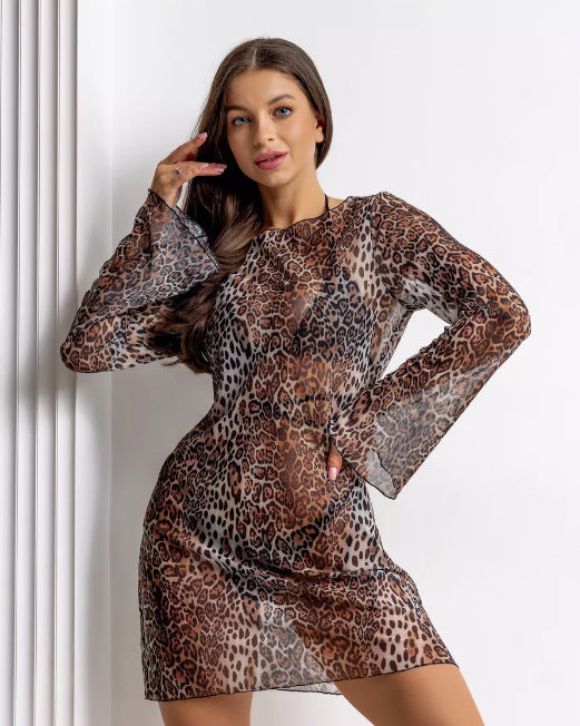 Women's Floral Long Sleeve Mesh Beach Cover Up Dress
