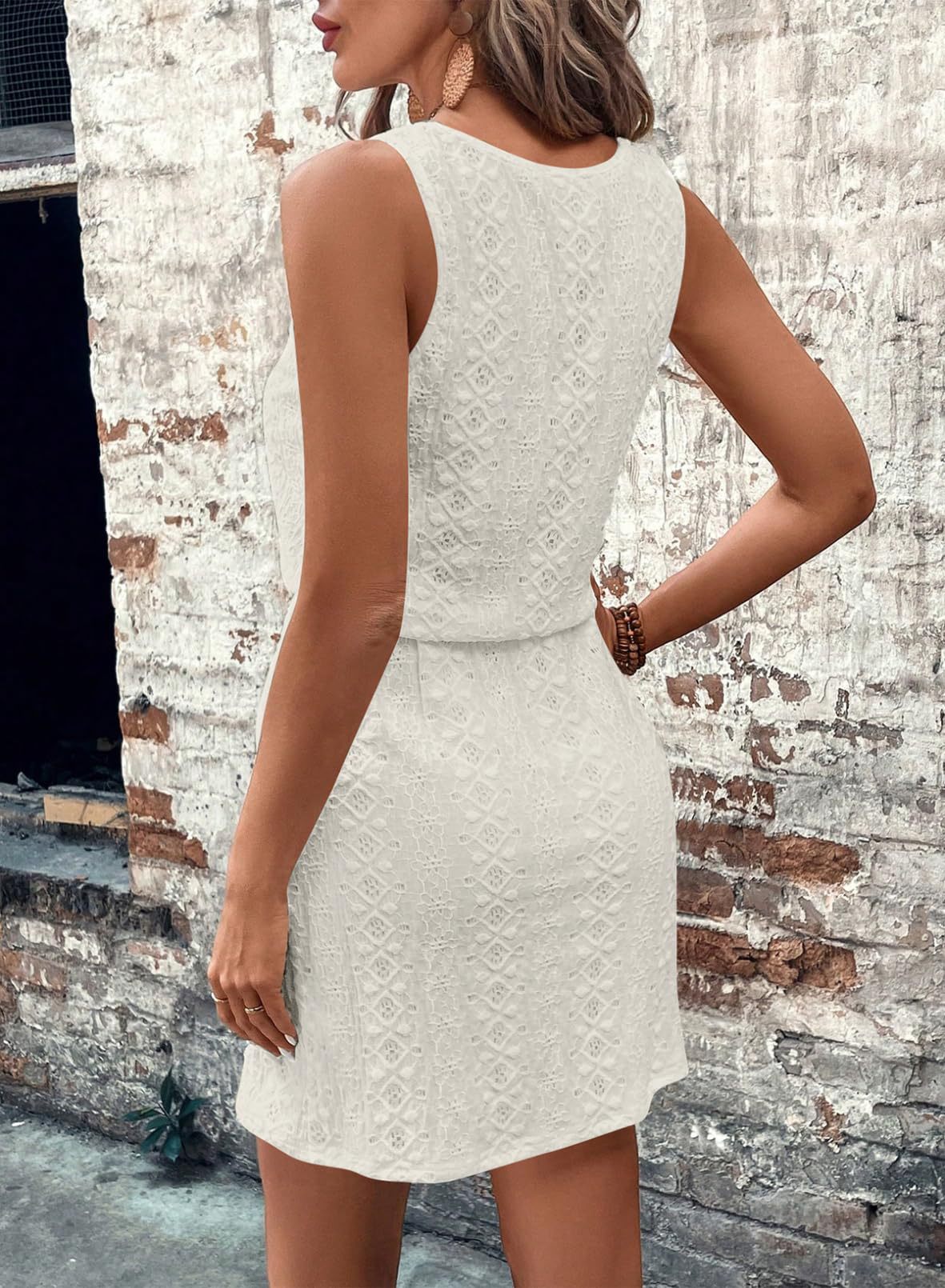White Square Neck Drawstring Sleeveless Lace Dress