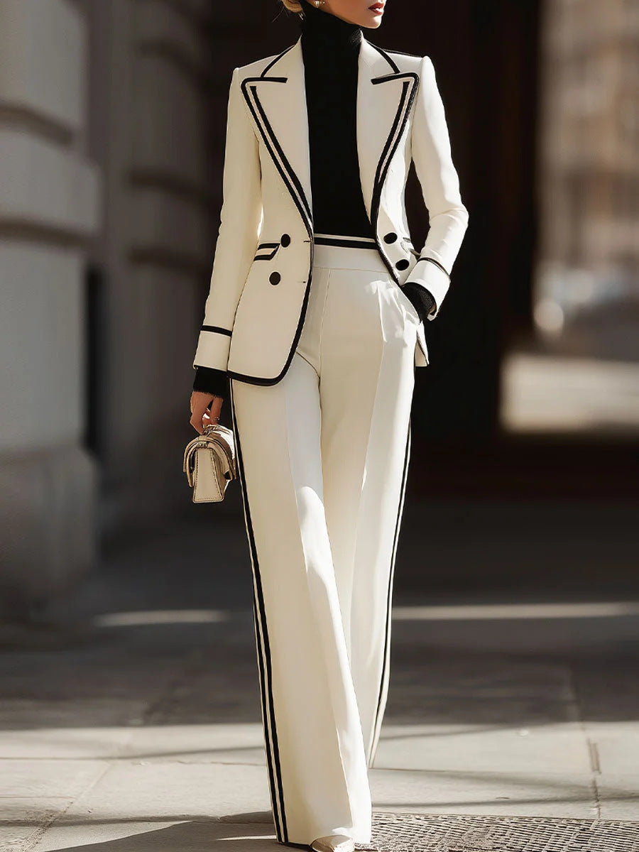 Women's Contrast Trim Blazer Wide Leg Pants Suit Set