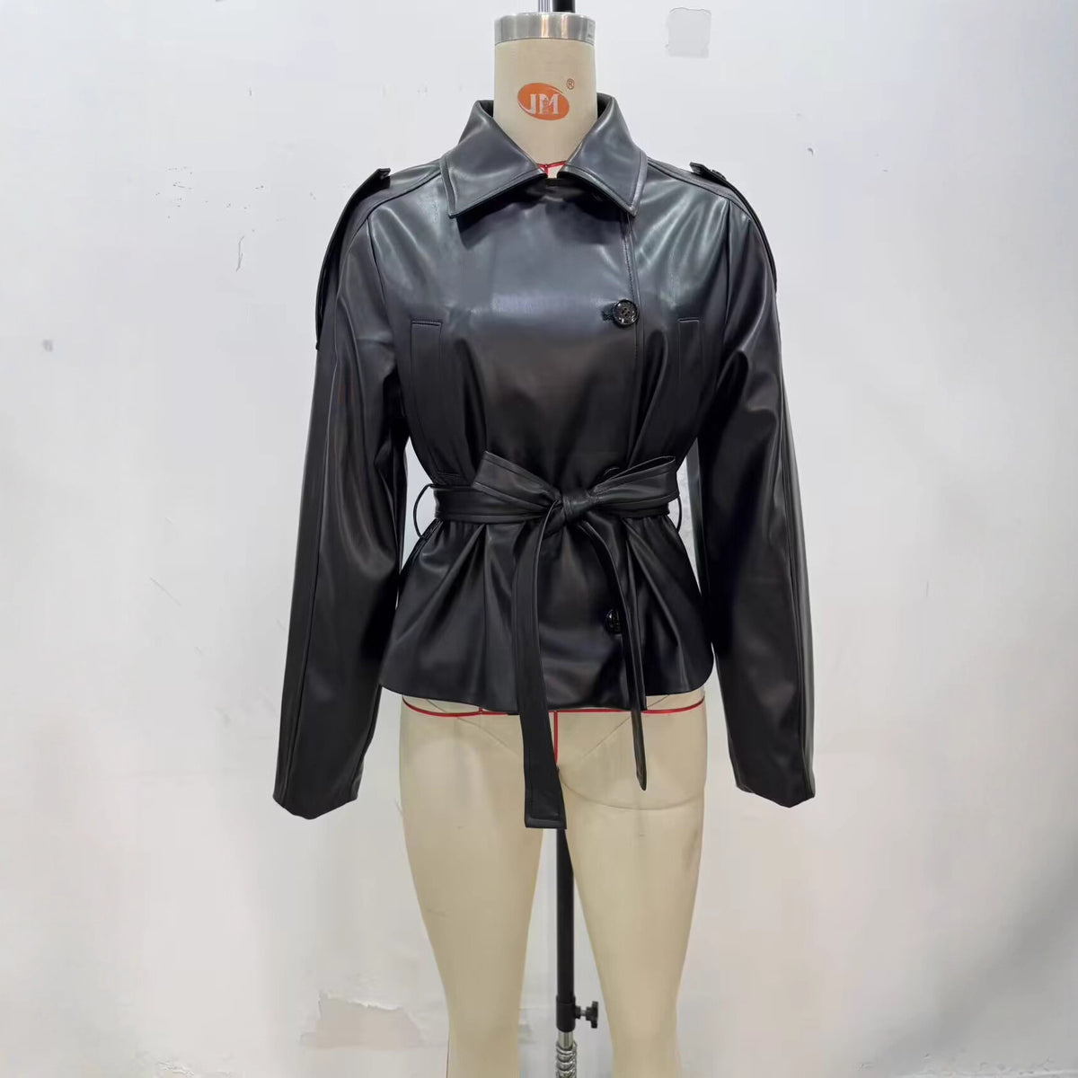 Women's Faux Leather Belted Cropped Lapel Jacket