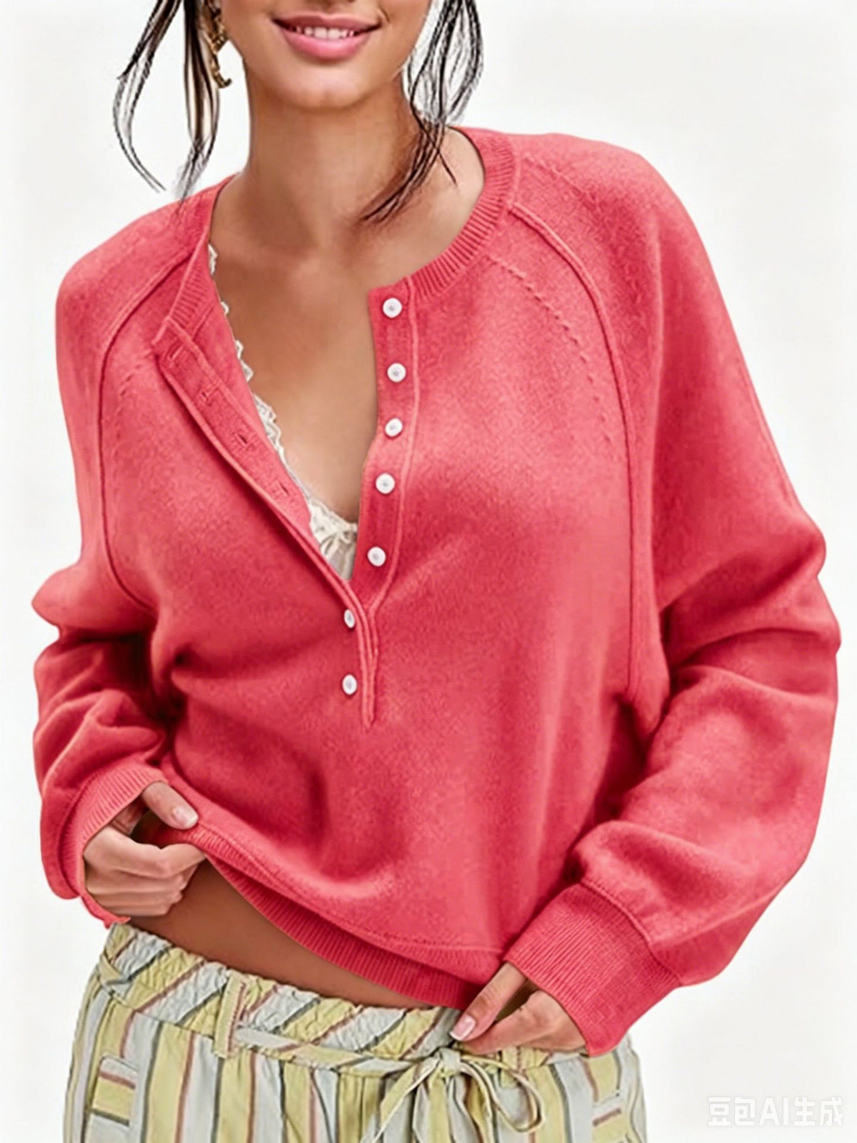 Women's Oversized Henley Sweater Button Front Knit Pullover