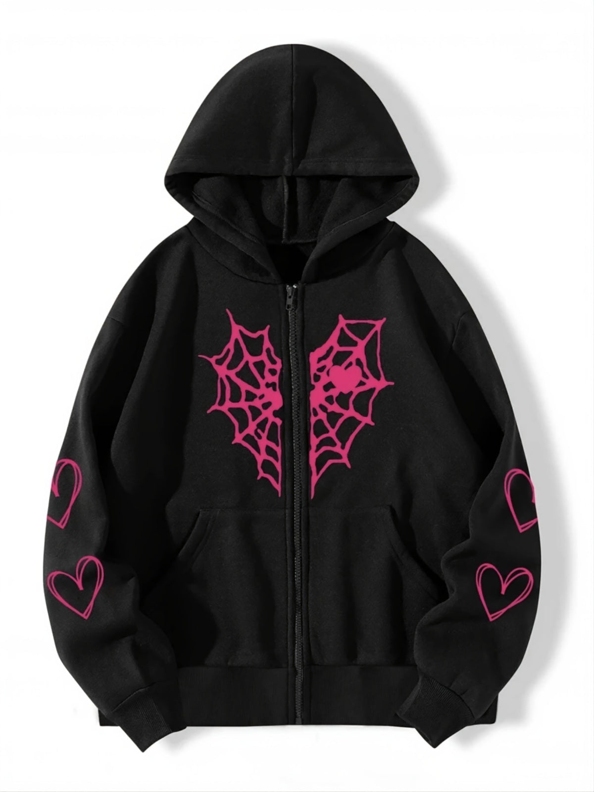 Women's Gothic Spider Web Heart Print Zip Up Hoodie