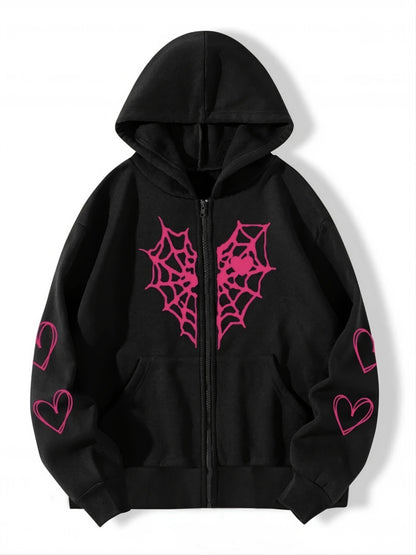 Women's Gothic Spider Web Heart Print Zip Up Hoodie