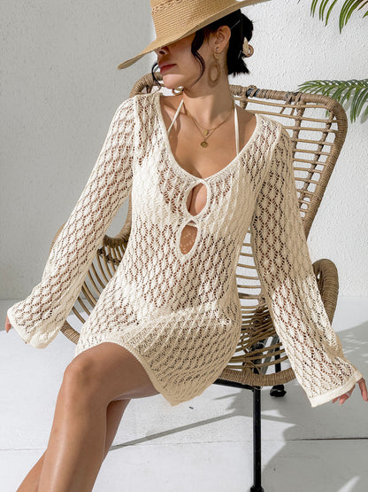 Women's Sheer Crochet Swim Cover Up Long Sleeve Beach Dress