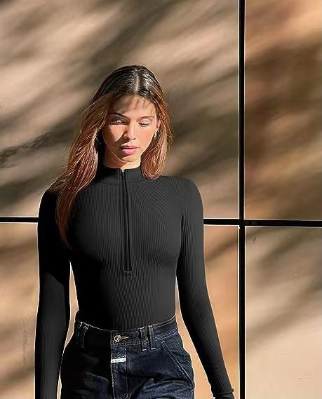 Sexy Ribbed Zip Front Long Sleeve Bodysuit