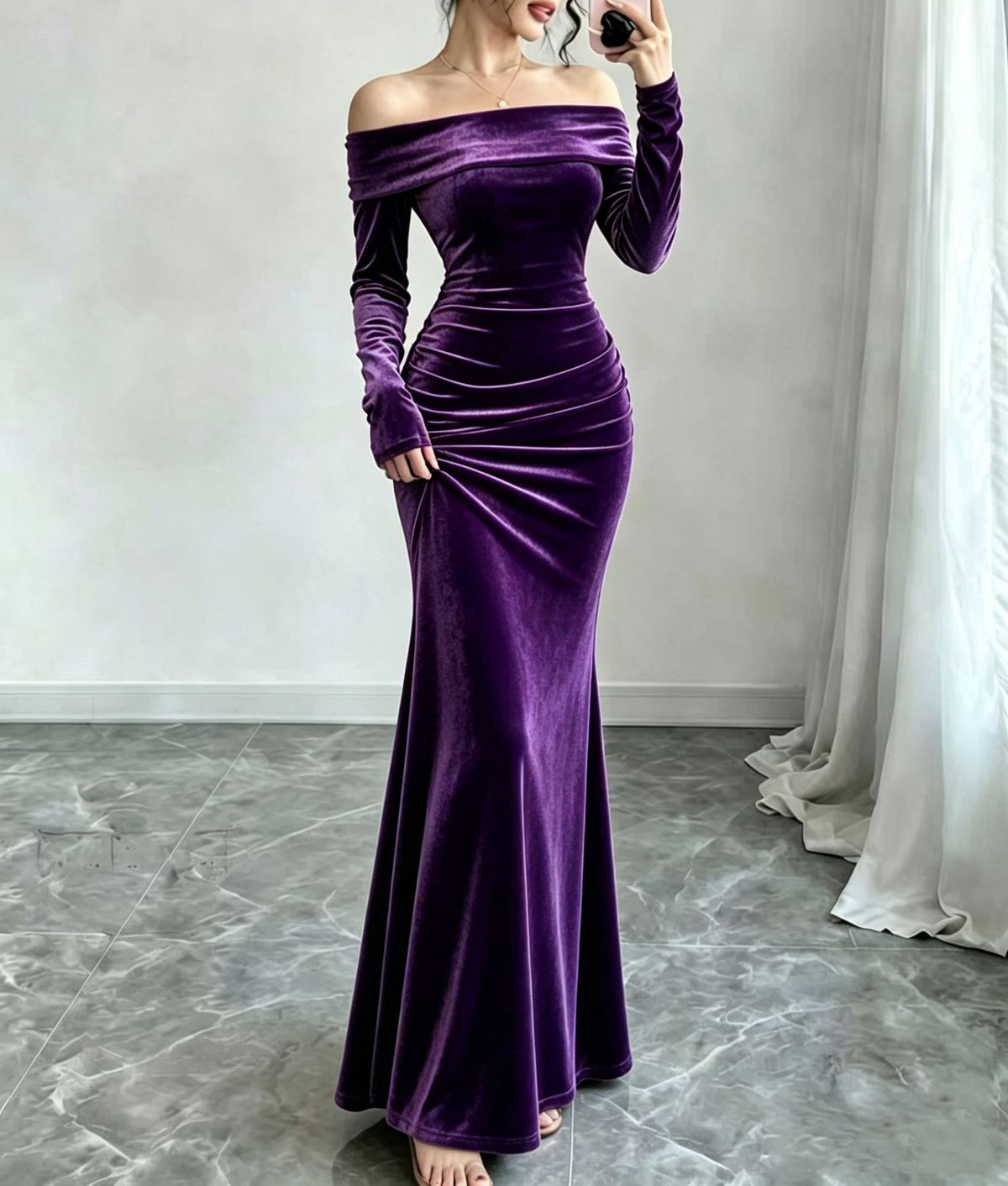 Long Sleeve Velvet Off Shoulder Bodycon Maxi Dress