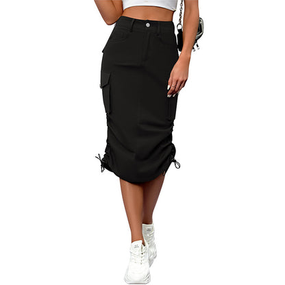 Women's High-Waist Cargo Midi Skirt with Pockets, Drawstring Hem