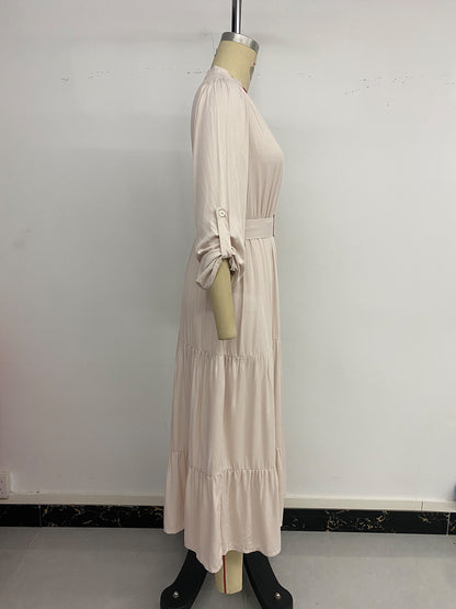 Women's Belted Tiered Maxi Dress Long Sleeve V Neck Casual