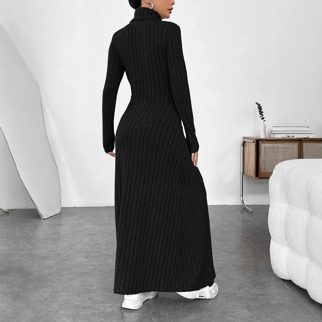 Women's Ribbed Turtleneck Long Sleeve A-Line Maxi Dress