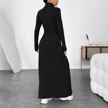 Women's Ribbed Turtleneck Long Sleeve A-Line Maxi Dress
