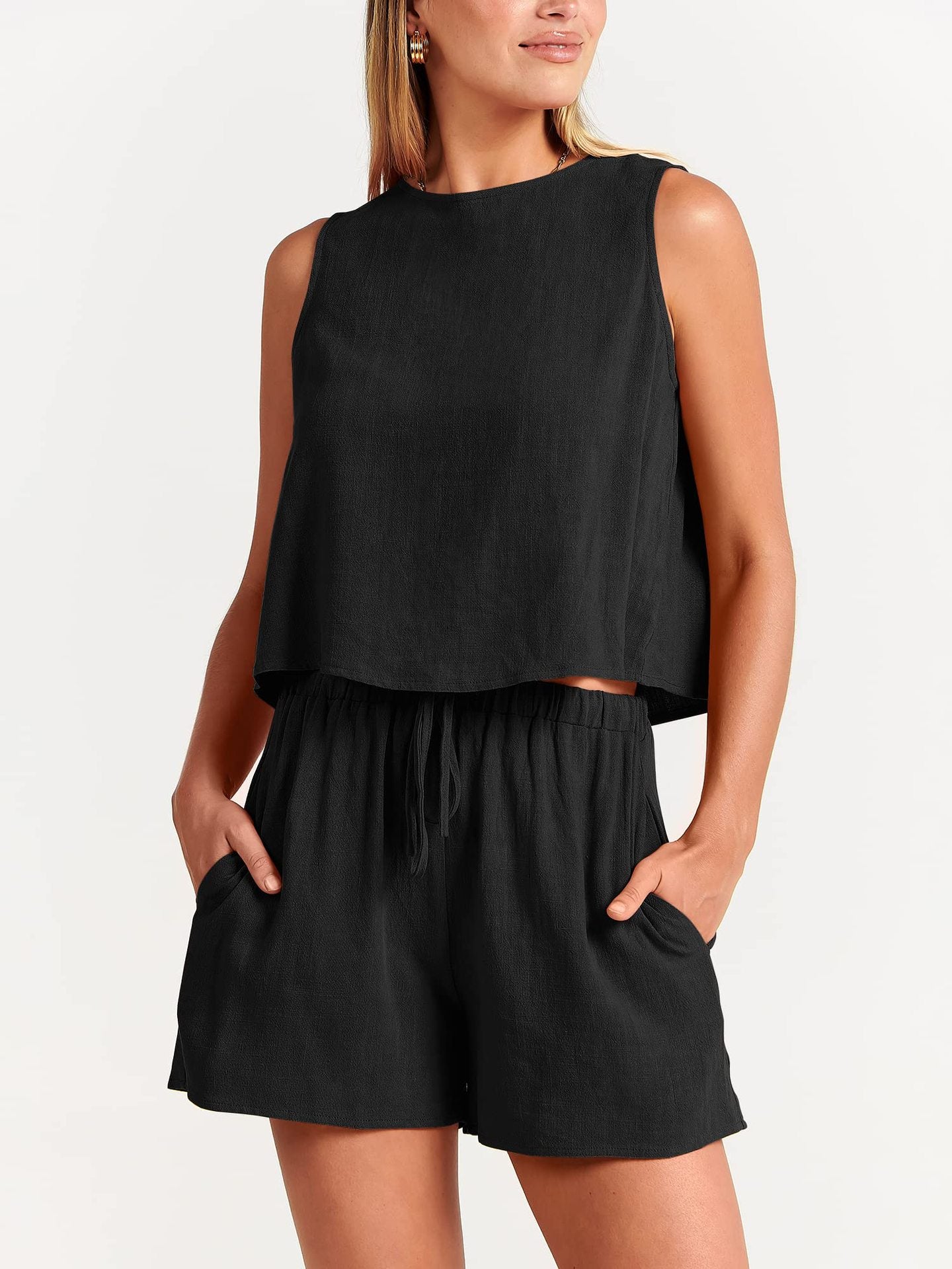 Sleeveless Top and Drawstring Shorts Two Piece Set