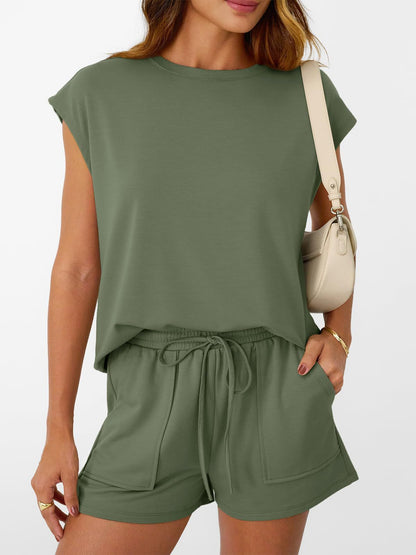 Womens Casual Lounge Set Cap Sleeve Top and Shorts