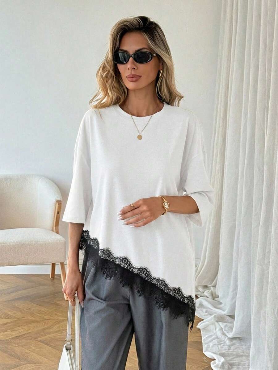 Lace Trim T Shirt Loose Fit Short Sleeve Top