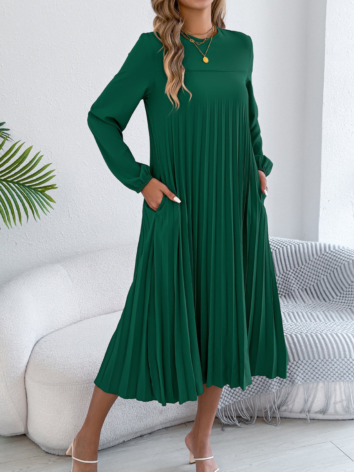 Solid Color V Neck Long Sleeve Slit Maxi Dress