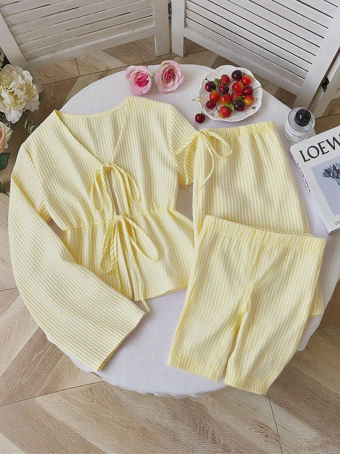 Striped Tie Front Top Wide Leg Pants Matching Set