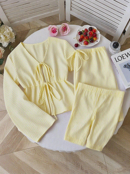 Striped Tie Front Top Wide Leg Pants Matching Set