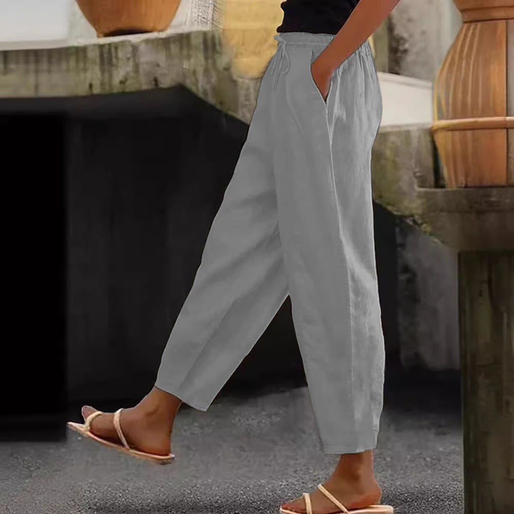 Women's Linen Cotton Drawstring Cropped Pants