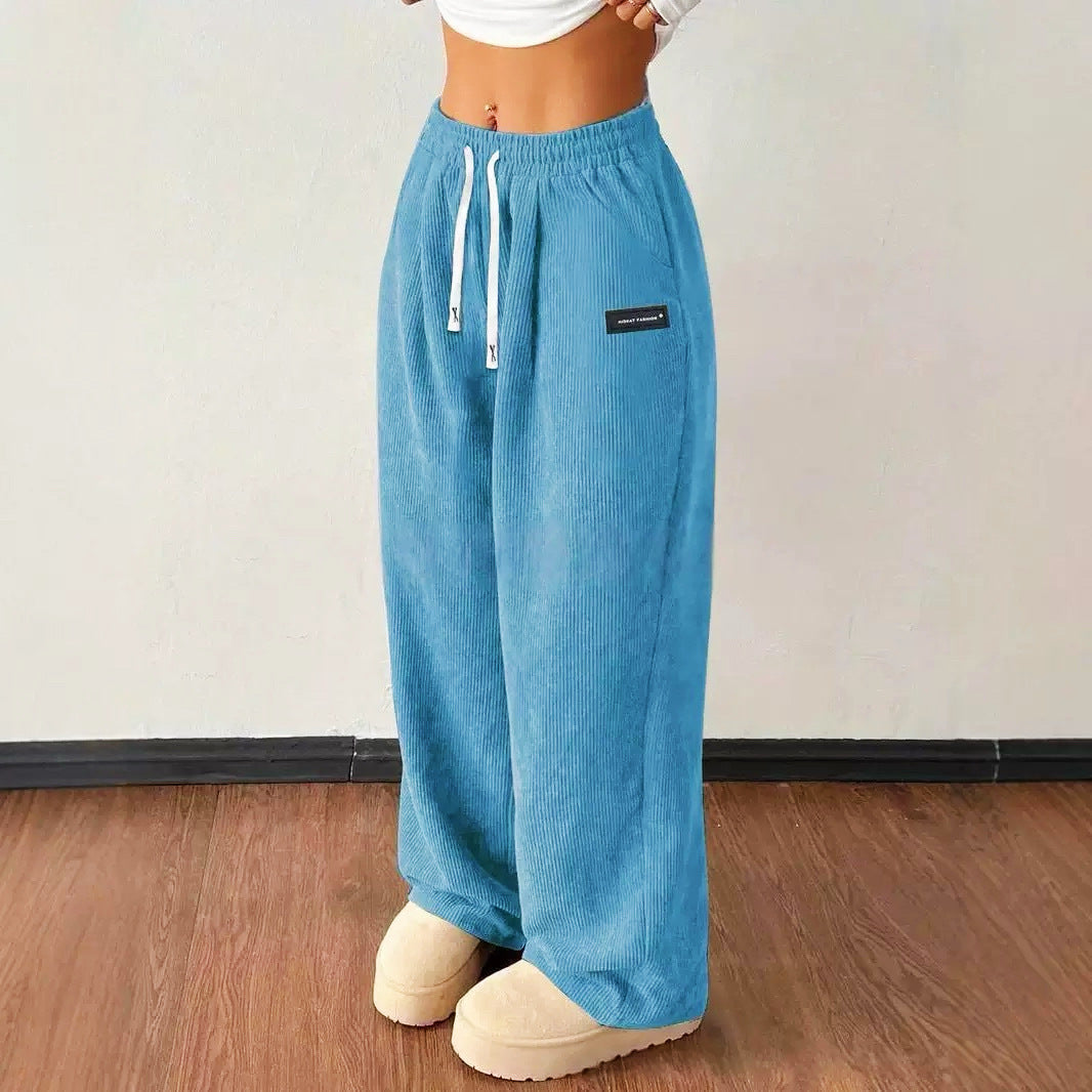 Womens Corduroy Wide Leg Pants Drawstring Waist
