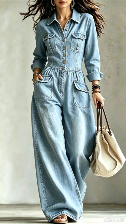 Denim Cargo Jumpsuit Women Long Sleeve Wide Leg Washed
