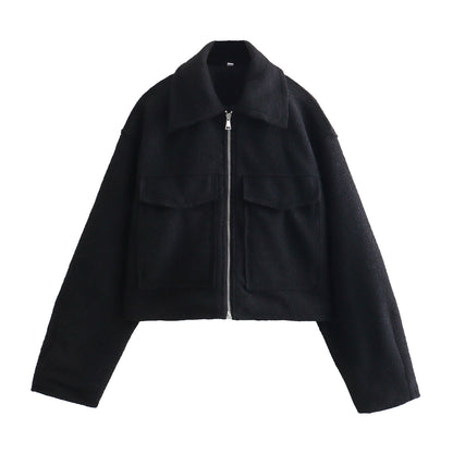 Women's Cropped Boucle Zip Jacket Collar Pocket