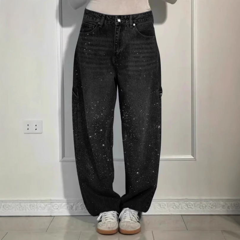 Women's Rhinestone High Waist Straight Leg Jeans
