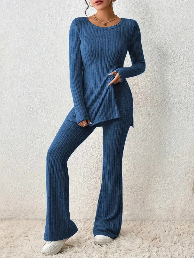 Women's Ribbed Knit Slim Fit Two Piece Pants Set
