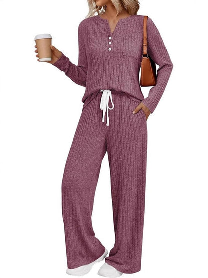Women's Ribbed Henley Lounge Set Wide Leg Pants 2Pc
