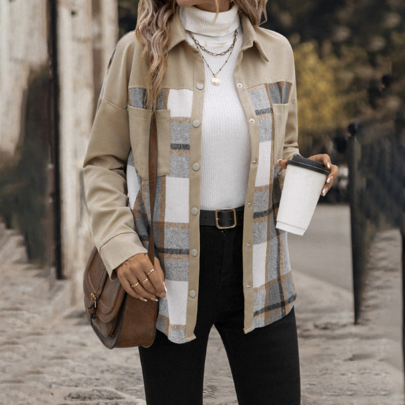 Plaid Lapel Button-Down Long Sleeve Shacket for Women