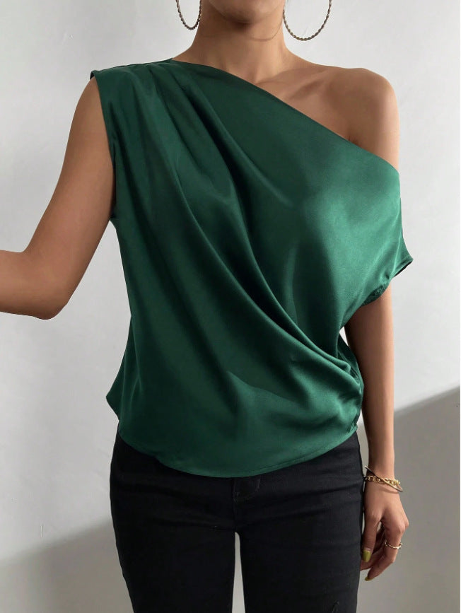 Satin One Shoulder Draped Blouse Sleeveless Top