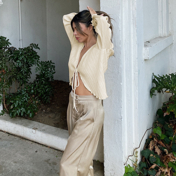 Tie Front Pleated Flare Sleeve Crop Top Blouse