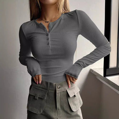 Women's Ribbed Henley Long Sleeve Fitted Knit Top