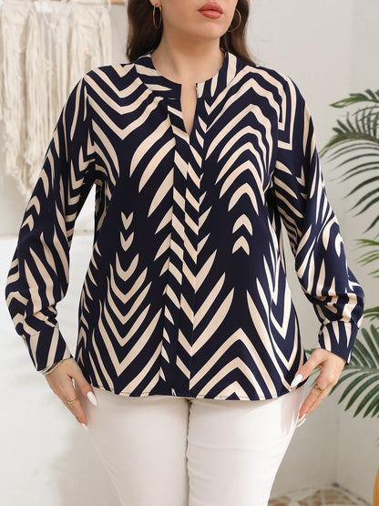 Geometric Print Plus Size V Neck Long Sleeve Blouse
