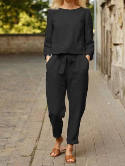 Women's Linen Blend Two Piece Set Long Sleeve Top & Pants