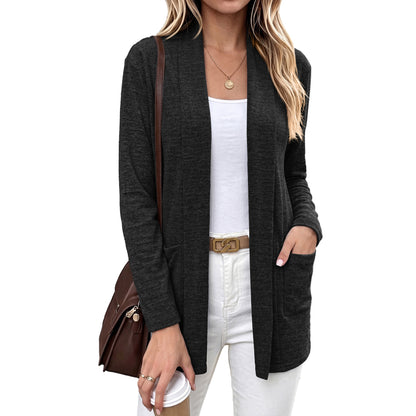 Pocket Open Front Cardigan Long Sleeve Knit Top