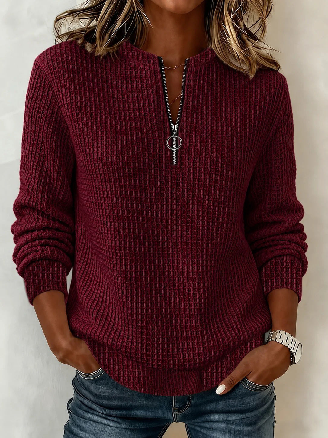 Women's Waffle Knit Half Zip Pullover Sweatshirt Top