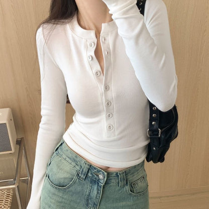 Women's Ribbed Long Sleeve Fitted Button Henley Top