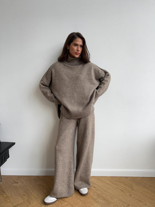 Turtleneck Knit Sweater and Wide Leg Pants Set